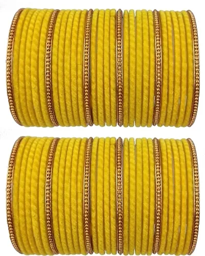 Metal with Velvet worked Bangle Set For women and Girls, (Yellow), Pack Of 60 Bangle Set