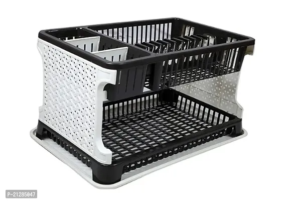 2 Layer Plastic Kitchen Dish Organizer Storage Rack, Dish Drainer Rack (Black) (Pack of 1)-thumb0