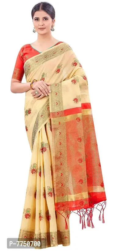 Divine Exim Women's Kanjivaram Banarasi Cotton Jacquard Saree With Blouse Piece (1119-Cream)