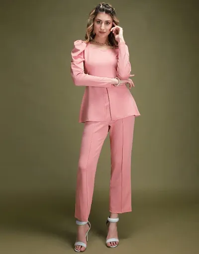 Classic Polyester Spandex Solid Co-Ord set for Women