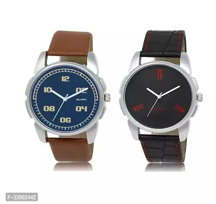 Stylish Multicoloured Genuine Leather Watch For Men Pack Of 2-thumb0