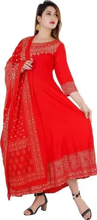 NUPITAL RED WOMEN PRINTED RAYON KURTA WITH DUPTTA-thumb2