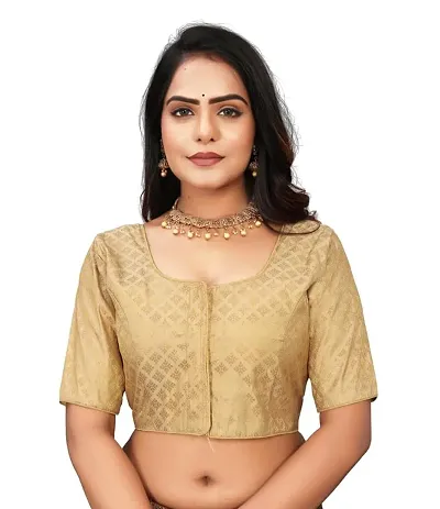 RAMBHARound Neck Designer Jacquard Radymade Short Sleeves Women Blouse for Traditional Look (Yellow, Size -40)