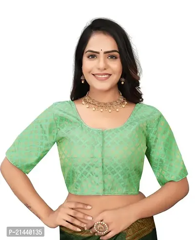 RAMBHAU-Neck Designer Jacquard Radymade Short Sleeves Women Blouse for Traditional Look (Green, Size -36)