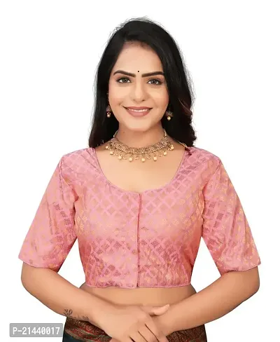 RAMBHAU-Neck Designer Jacquard Radymade Short Sleeves Women Blouse for Traditional Look (Pink, Size -38)