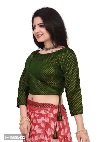Madhavas Fashion Womens Jacquard Silk  Printed U Neck Blouse With Square Olive and Lace for Women-thumb3