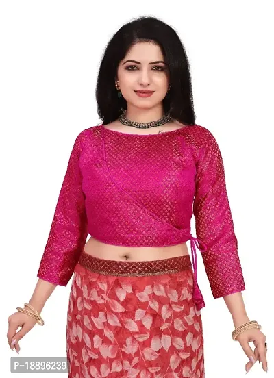 Womens Jacquard Silk  Printed U Neck Blouse With Square Pink and Lace for Women-thumb0
