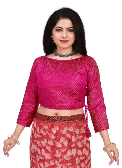 Womens Jacquard Silk  Printed U Neck Blouse With Square Pink and Lace for Women