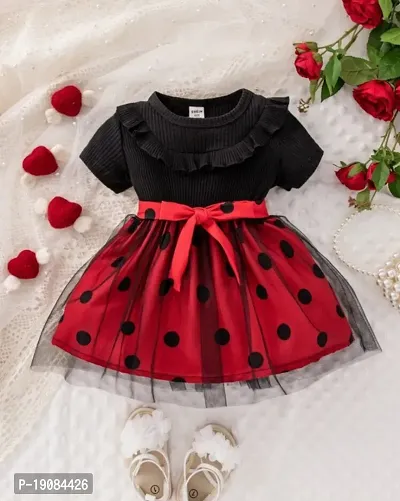 girls designer black and red polka dot design dress with red belt