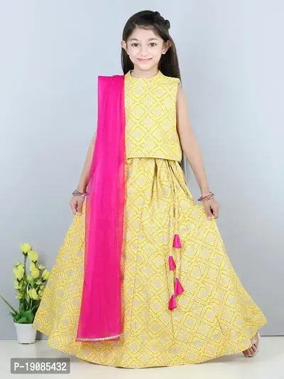 girls yellow and gold toned embellished stitched lehenga choli with dupatta