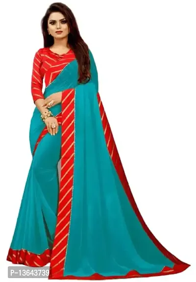 Khodal Krupa Women's Silk Saree With Unstitched Blouse Pices (Pavitra Sky + Red)