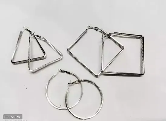 Trendy Casual Hoop Earrings Combo Of 3 For Women And Girls - Silver-thumb0