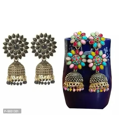 Beautiful Combo Of 2 Pair Gold Plated Jhumka Earrings. Partywear Black Jhumka And Gold Plated Multicolor Jhumka For Women-thumb0