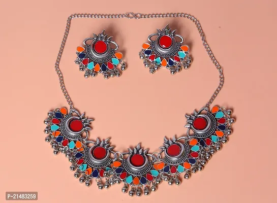 Traditional Multicolor Necklace With Beautiful Earrings And Neckpiece For Women Oxidized Jewelry Set