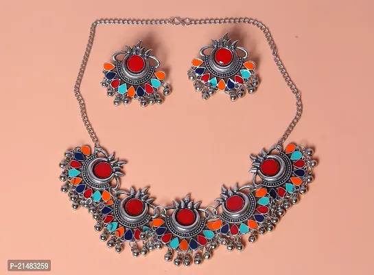 Traditional Multicolor Necklace With Beautiful Earrings And Neckpiece For Women Oxidized Jewelry Set-thumb0