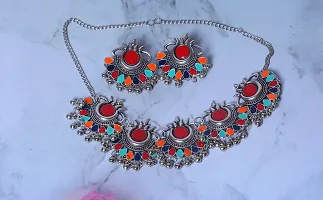 Traditional Multicolor Necklace With Beautiful Earrings And Neckpiece For Women Oxidized Jewelry Set-thumb1