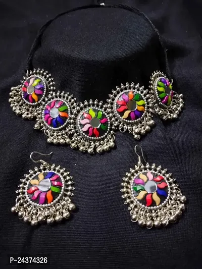 Traditional Multicolour Mirror Work Oxidised Jewellery Set For Women Fancy Necklace Set For Ladies antic jewellery set