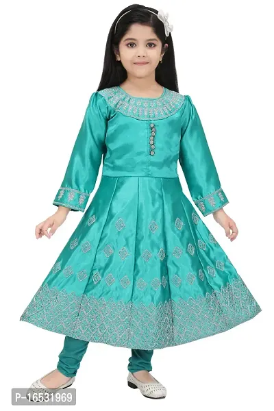 Trendy Georgette Sea Green Embroidered Round Neck Long Sleeves Gown With Pajama Set For Girls-thumb0