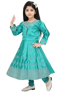 Trendy Georgette Sea Green Embroidered Round Neck Long Sleeves Gown With Pajama Set For Girls-thumb1