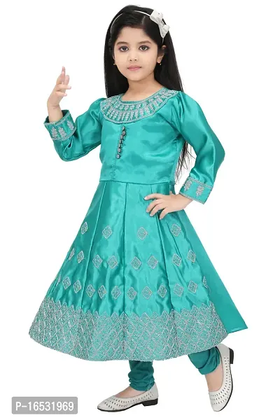 Trendy Georgette Sea Green Embroidered Round Neck Long Sleeves Gown With Pajama Set For Girls-thumb2