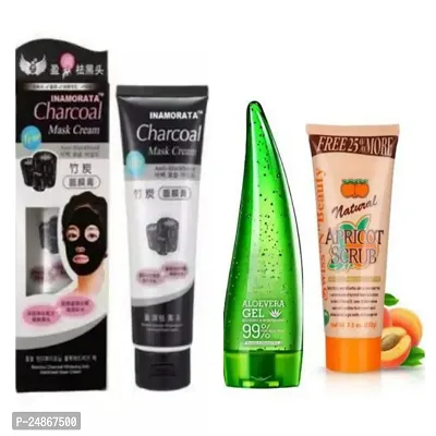 Charcoal mask + aloevera gel + face scrub (pack of 3)