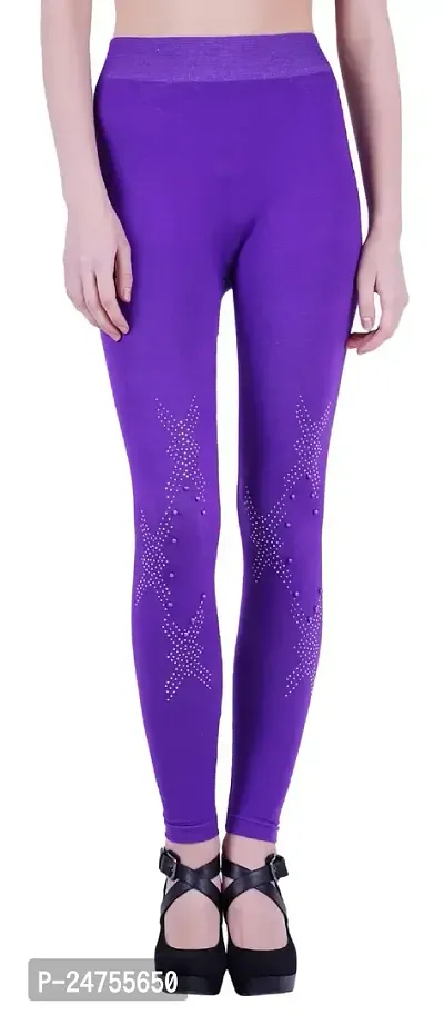 Icable Women's/Girls Polyester Spandex Ultra Stretchable Legging/Tights Working with Embellished Fabrics (Purple, Free Size)