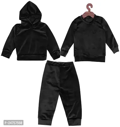 ICABLE Baby Girls/Boys Super Soft Velvet Plain Sweatshirt, Hooded Top and Bottom 3 Piece Suit Set-thumb0
