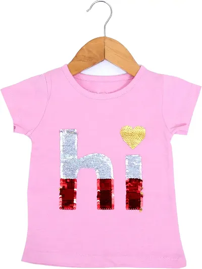 ICABLE Baby Girls Cotton Applique Hand Swipe Reversible Double Sided Sequin Work T-Shirt