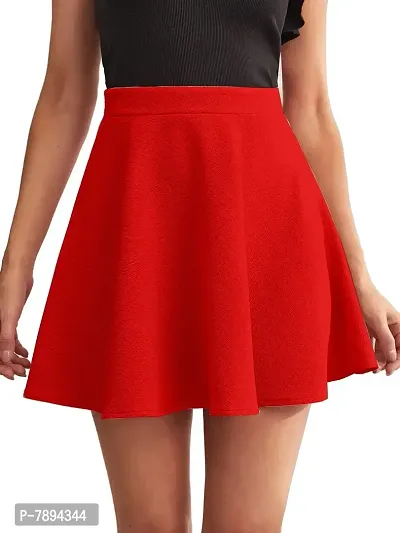 Stylish Solid High Waist Flared Skater Short Mini Skirt- Red
