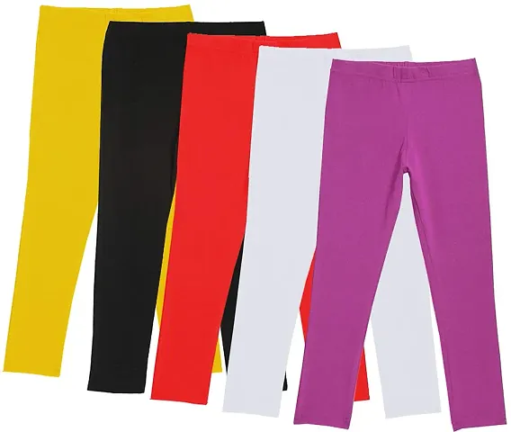 KAYU Girl's Full Length Cotton Leggings Pants Pack of 5 (7140203040507-IW-P5-A-32, Purple, White, Red, Black, Yellow, 9-10 Years)