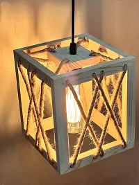 Multy Rays Rope & Wooden Cube Shape Decorative Antique Urban Retro Style, Pendant Hanging Lamp with Wooden Base, with Filament Bulb (Pack of 1) E27 Holder-thumb2