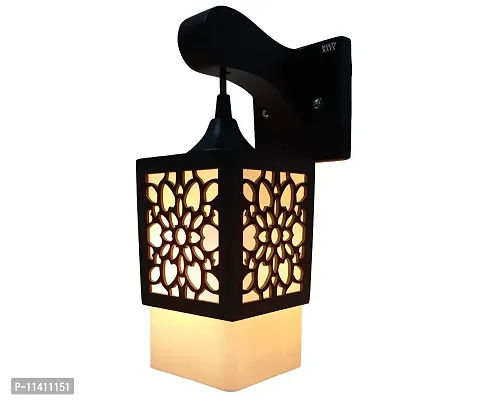 Multy Rays Wooden and Frosted PVC Unbreakable Glass, Wall Hanging Light, Sconce Square with Bulb (Dark Brown)