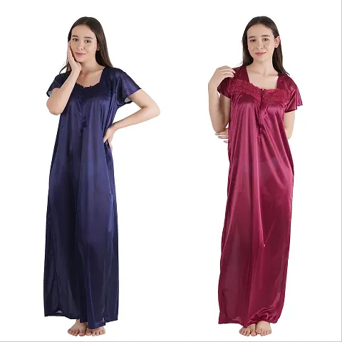 Trendy Satin Half Sleeves Women's Nightdress Nighty Pack of 2- SP1012