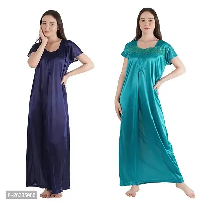 Trendy Satin Half Sleeves Women's Nightdress Nighty Pack of 2-thumb0