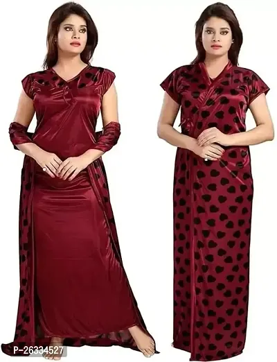 Divya Fashion Mart Women's Satin Solid Maxi Length Nighty, Wrap Gown,2 Pices (Free Size, Maroon)