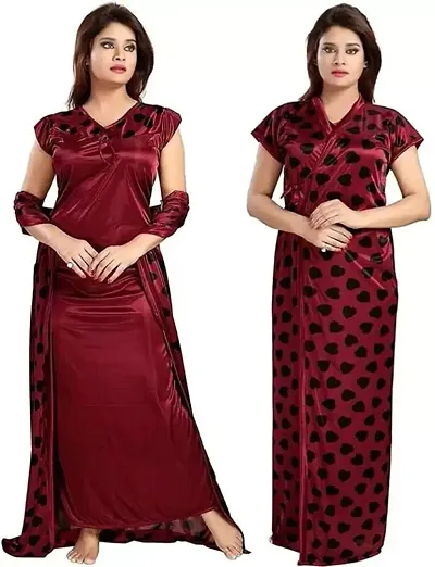 Beautiful 2 PCS Set Satin Maxi Night Dress Night Suits Nighty for Women (MX_Dress_Model_02)