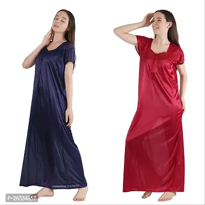 Trendy Satin Half Sleeves Women's Nightdress Nighty Pack of 2-thumb5