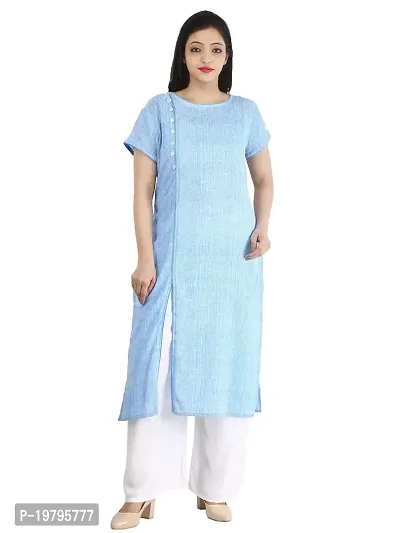 ALOBHAOM Women Side Button Full Stitched Blue Long Kurtis/Kurtas