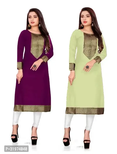 Elegant Cotton Slub Golden Lace Border Kurta For Women- Pack Of 2-thumb0