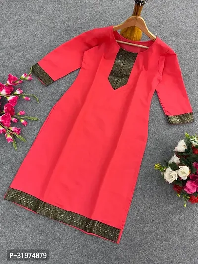 Elegant Cotton Slub Golden Lace Border Kurta For Women-thumb0