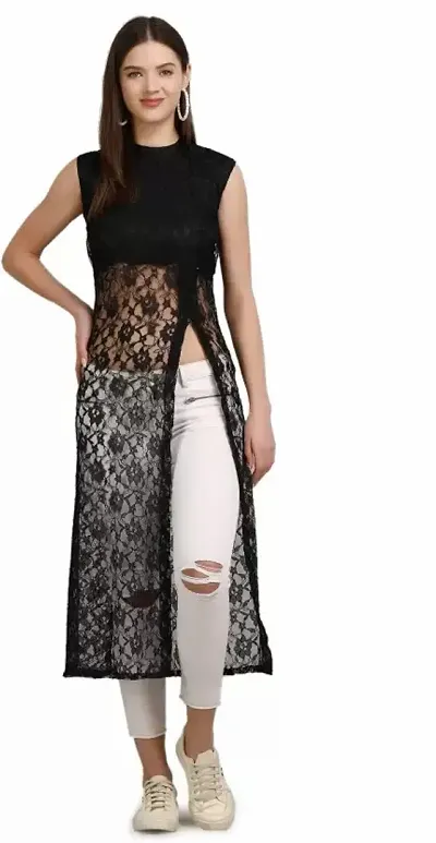 Stylish Self Design Net Frontslit Kurta For Women