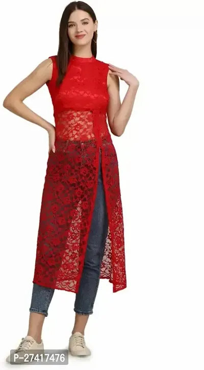Stylish Red Self Design Net Frontslit Kurta For Women-thumb0