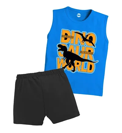 Fabulous Green Cotton Blend Printed T-Shirts with Shorts For Boys