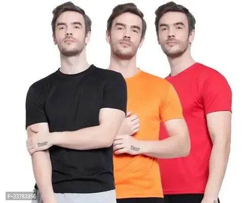 Stylish Polyester Solid Short Sleeves Round Neck Tees For Men Pack Of 3-thumb0