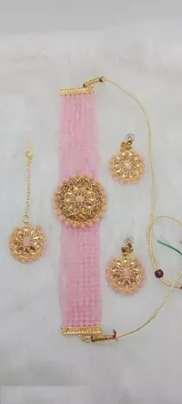 Charming Jewellery Traditional Crystal Choker Necklace Set For Women | Beads Necklace For Women | Maang Tikka With Earrings Combo Set (Pink Crystal)
