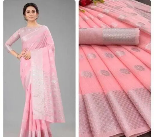 Designer Cotton Linen Zari Woven Sarees With Blouse Piece