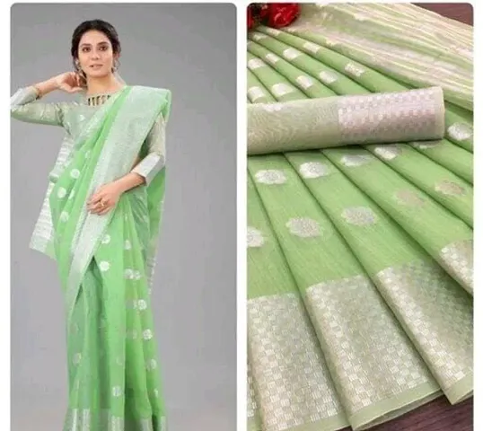 Designer Cotton Linen Zari Woven Sarees With Blouse Piece