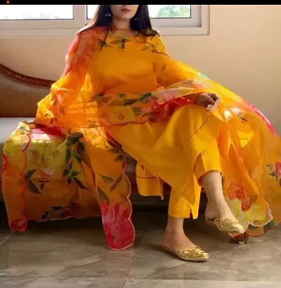 Elegant Embellished Silk Kurta with Pant And Dupatta Set For Women