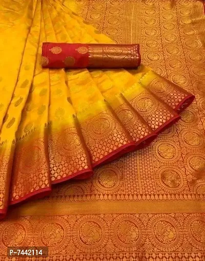 Banarasi Silk Yellow Red Woven Saree with Blouse Piece