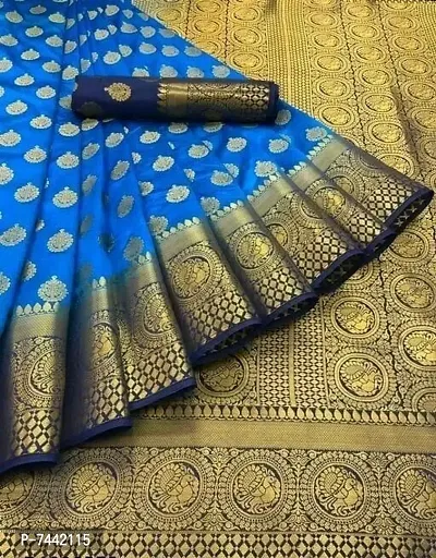 Banarasi Silk Blue Woven Saree with Blouse Piece-thumb0